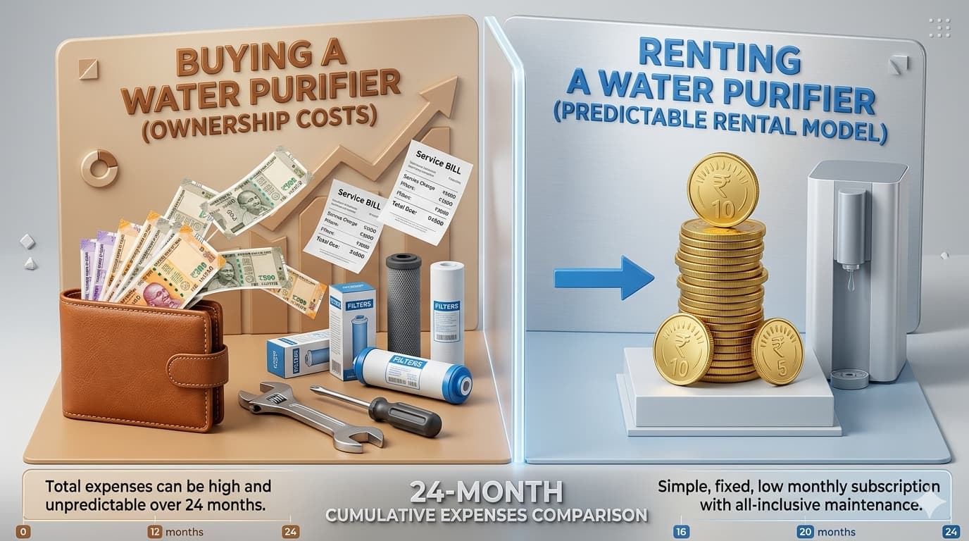 A side-by-side comparison graph showing the cumulative expenses of buying versus renting a water purifier over 24 months.