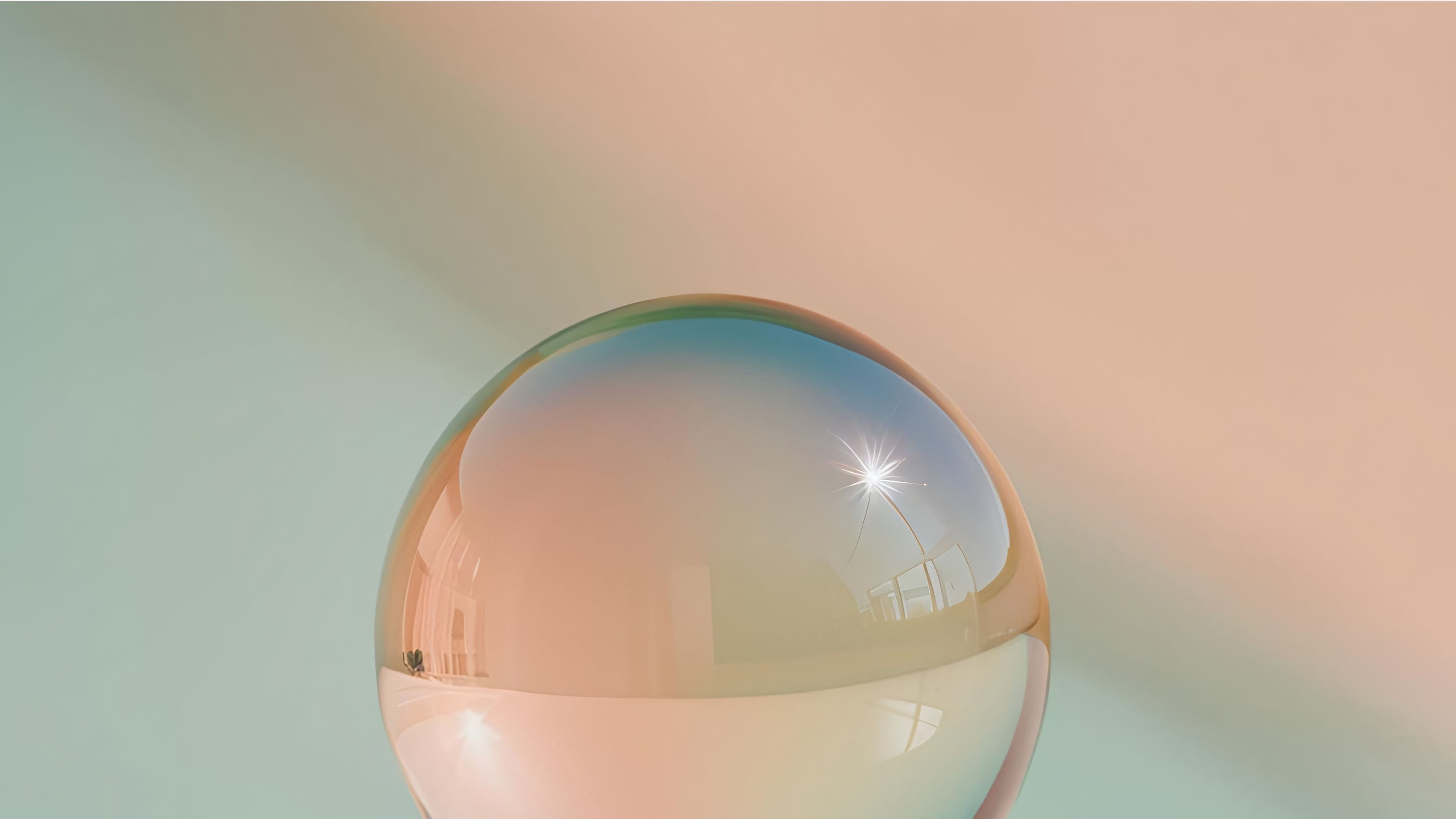 Water purifier on rent blog header showing an iridescent glass orb reflecting a clean, minimalist home against a pastel background.