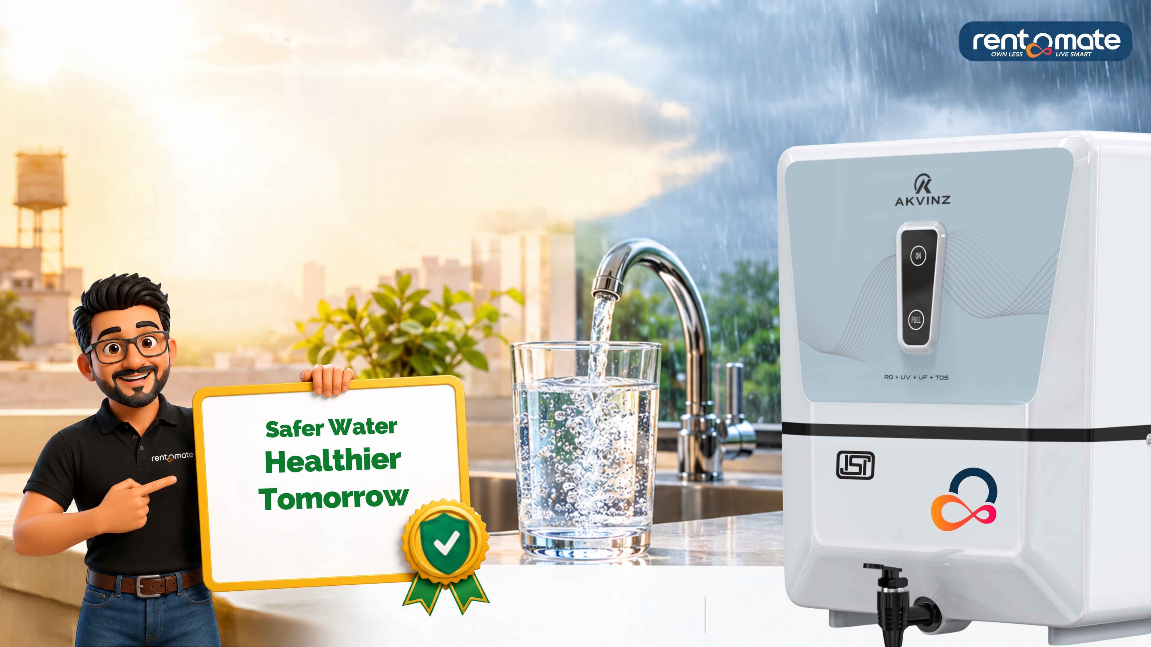 Mr. Rentomate mascot promoting seasonal kitchen tap water safety, explaining how summer heat and monsoon rainfall affect water quality, groundwater levels, and RO water purifier maintenance in Indian
