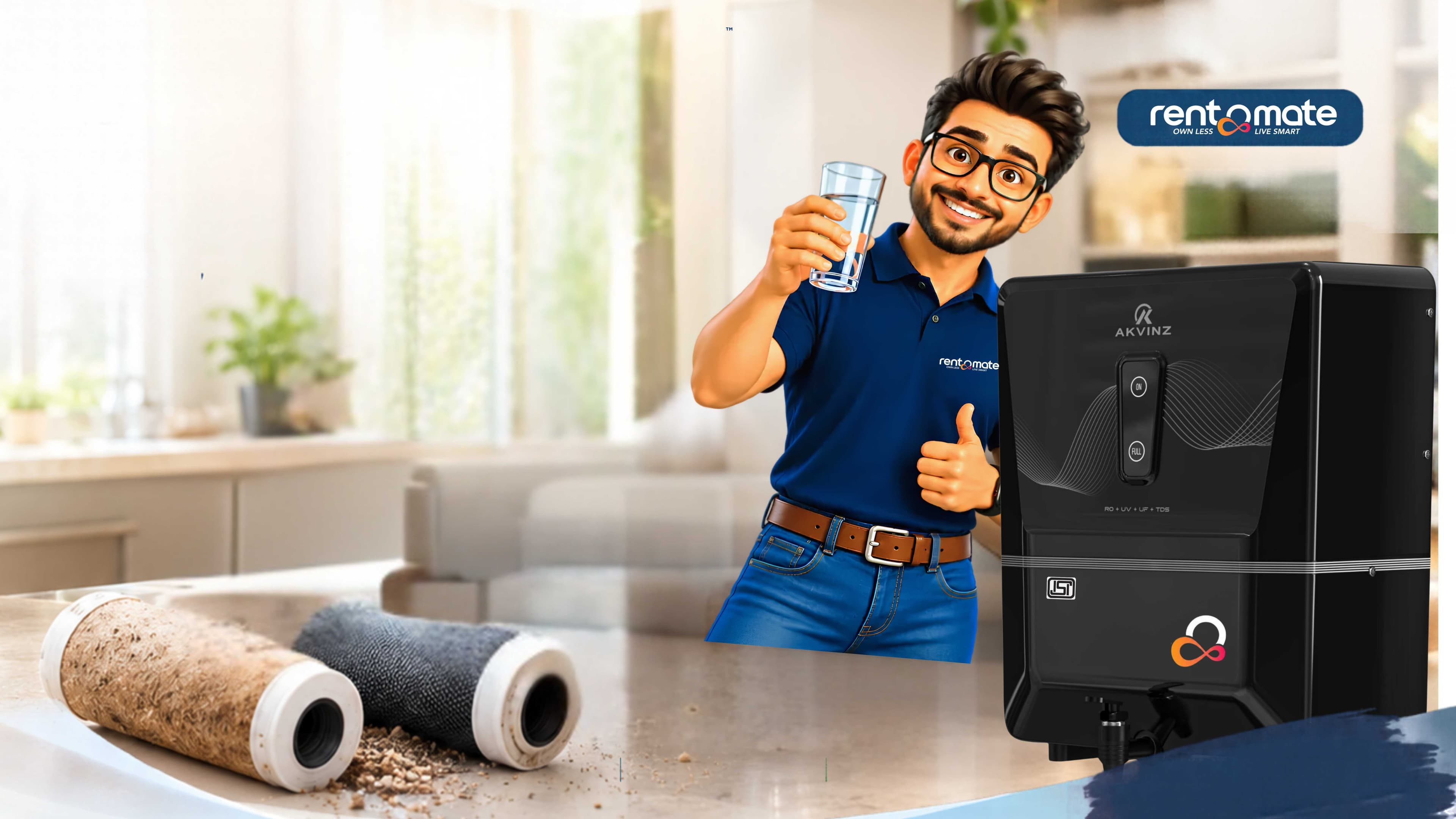 Dirty RO water purifier filter after six months of use, with Mr. RentOMate highlighting the importance of timely filter replacement and regular maintenance.