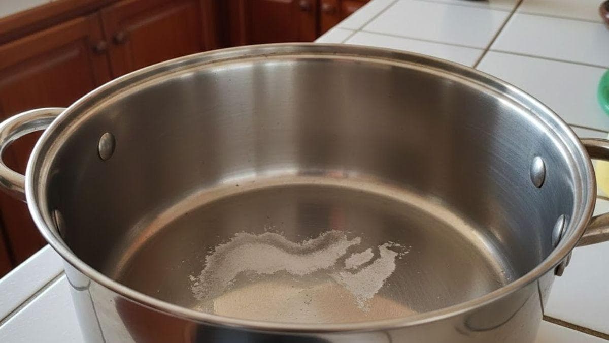 White mineral scale deposits on a stainless steel kitchen utensil caused by hard water.