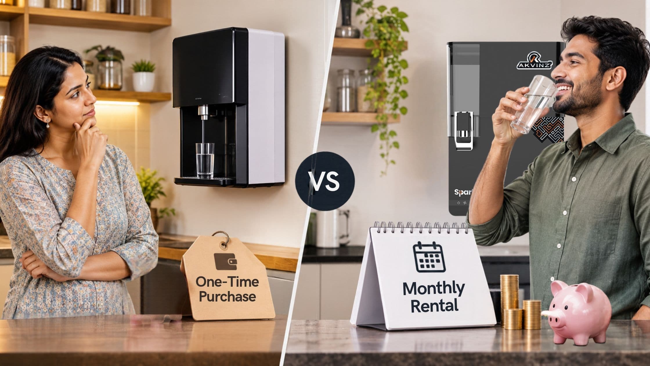 Side-by-side comparison of a water purifier purchased with an upfront payment and a rented water purifier with monthly payments in a modern Indian apartment kitchen.